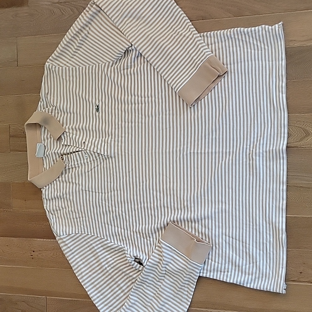 Men's Lacoste Long Sleeve Striped Polo Shirt  Cream Tan 10 (4XL)